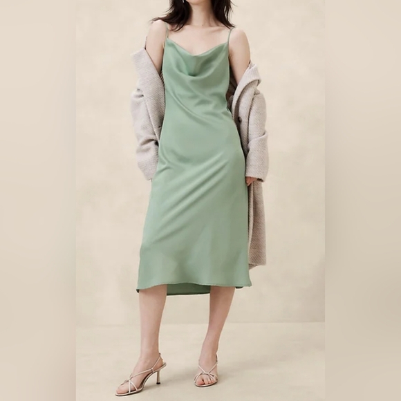 Banana Republic Sleeveless Satin Midi Slip Dress, Sage Bouquet - Picture 1 of 6